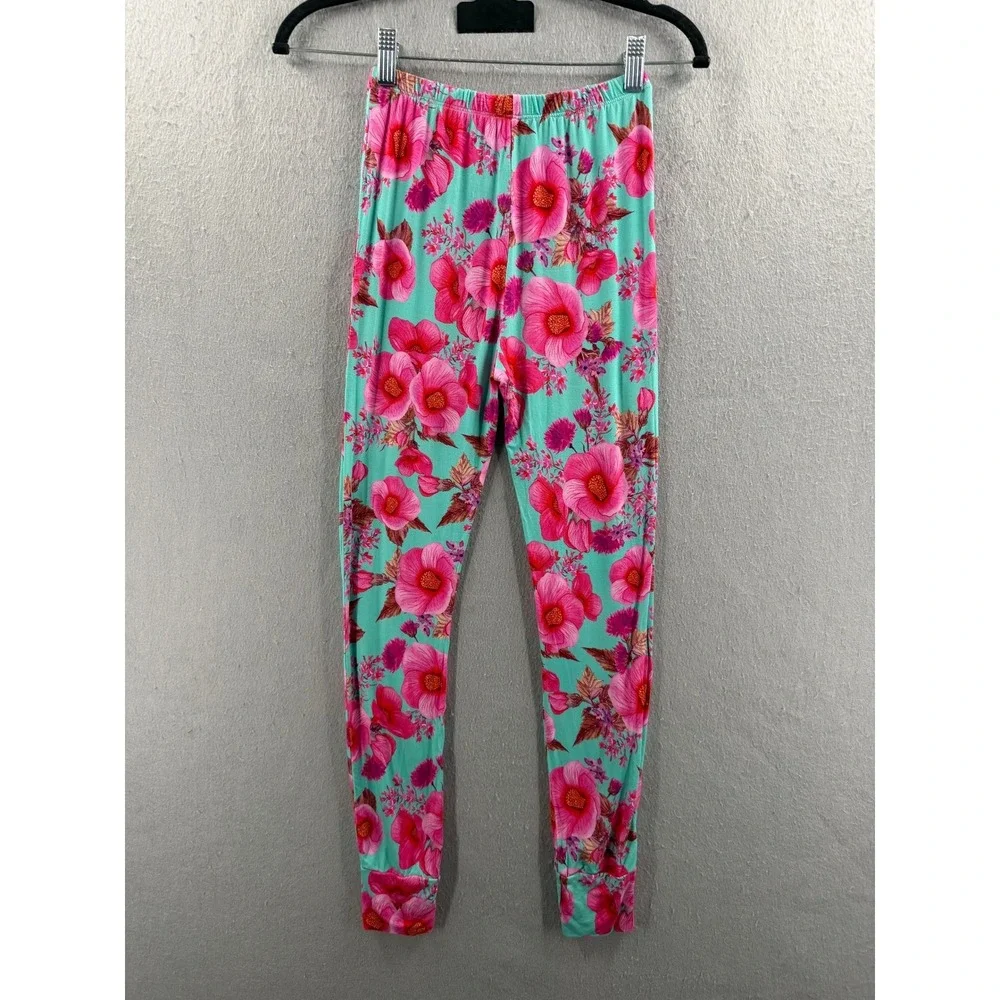 Posh Peanut Girls Pajama Leggings 10Y-12Y Turquoise Pink Hibiscus Pj Bottoms